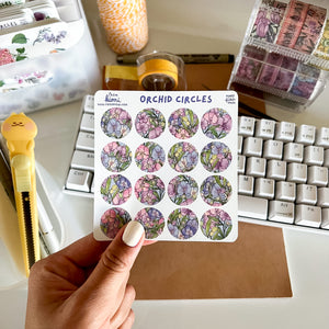 
            
                Load image into Gallery viewer, From Kioni Floral Renewal Huney Pika Press Orchid Circles Sticker Sheet-3
            
        