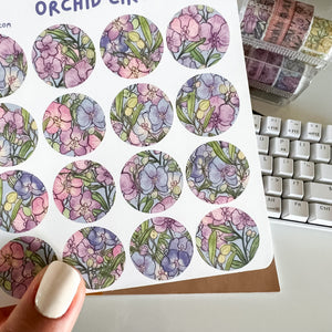 
            
                Load image into Gallery viewer, From Kioni Floral Renewal Huney Pika Press Orchid Circles Sticker Sheet
            
        