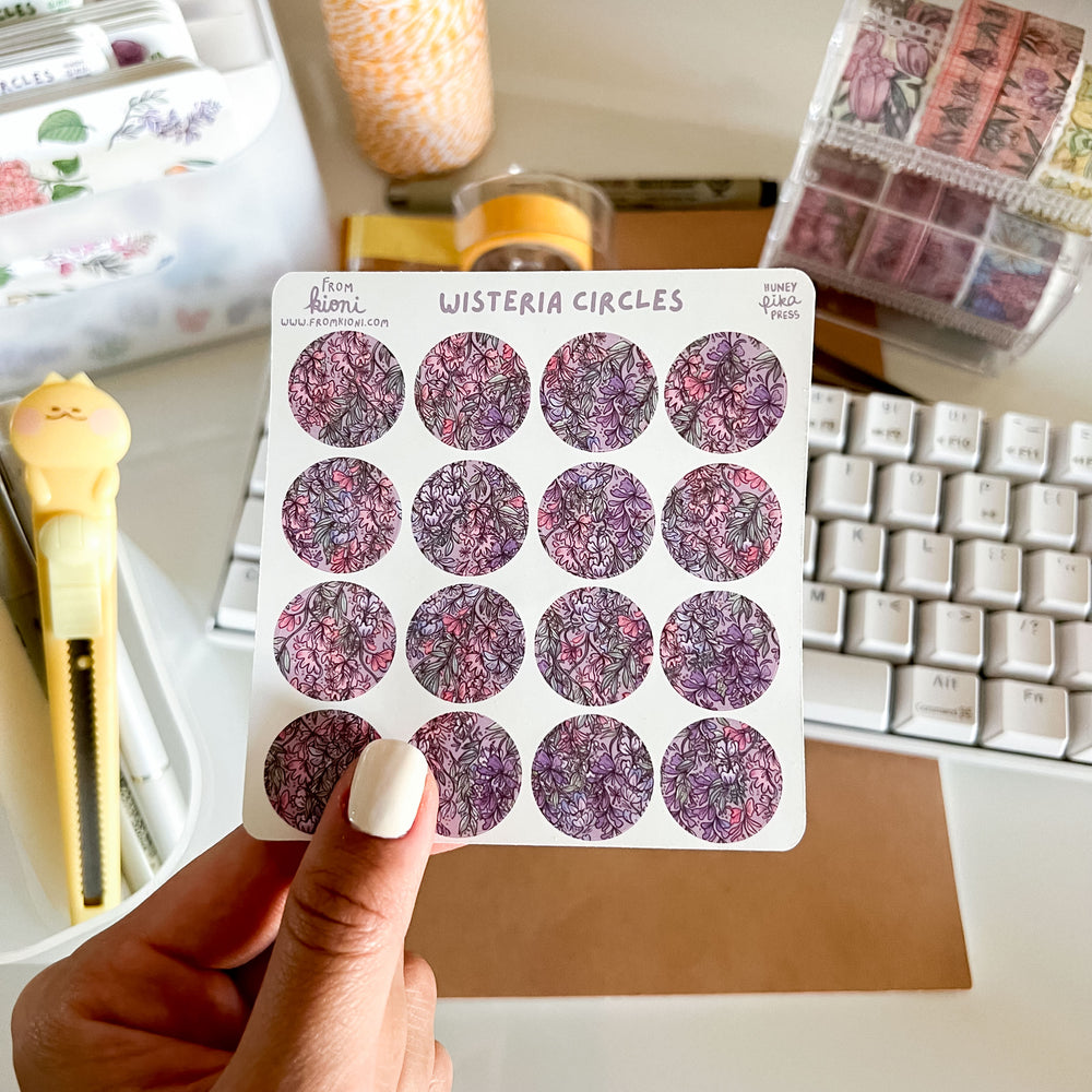 
            
                Load image into Gallery viewer, From Kioni Floral Renewal Huney Pika Press Wisteria Circles Sticker Sheet-1
            
        