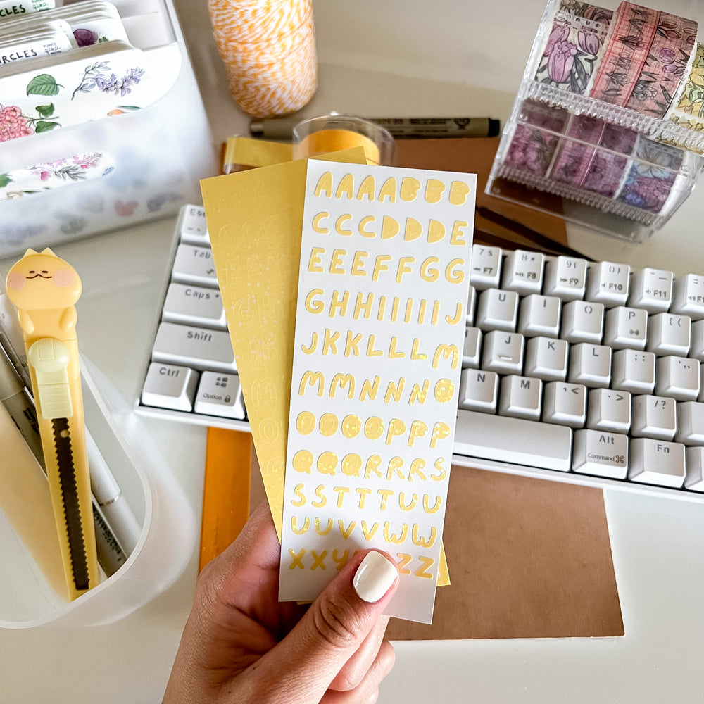 
            
                Load image into Gallery viewer, Alphabet Holographic Glitter Vinyl Sticker Sheet Yellow
            
        