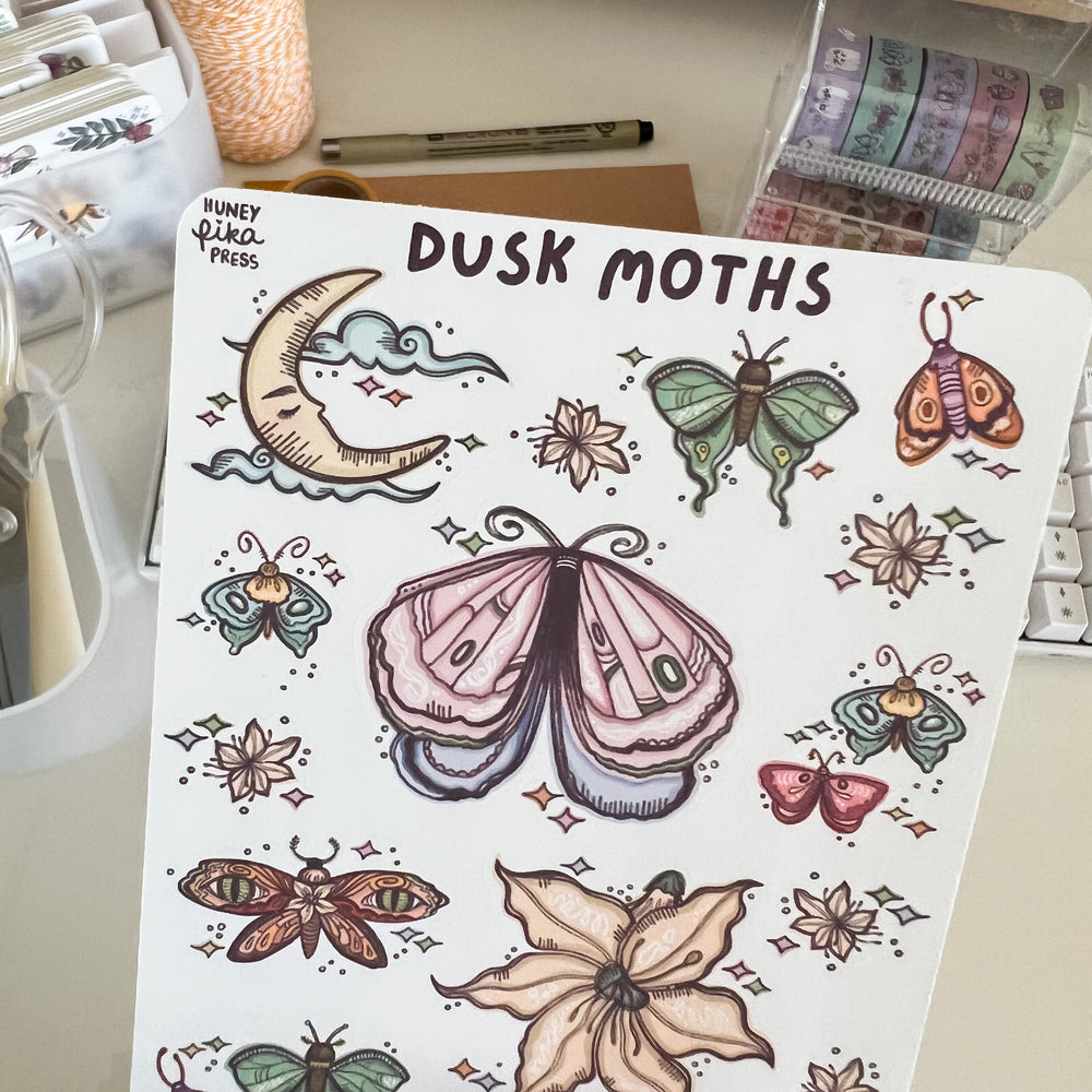 
            
                Load image into Gallery viewer, From Kioni Huney Pika Press Autumn Collection Dusk Moths Sticker Sheet-1
            
        