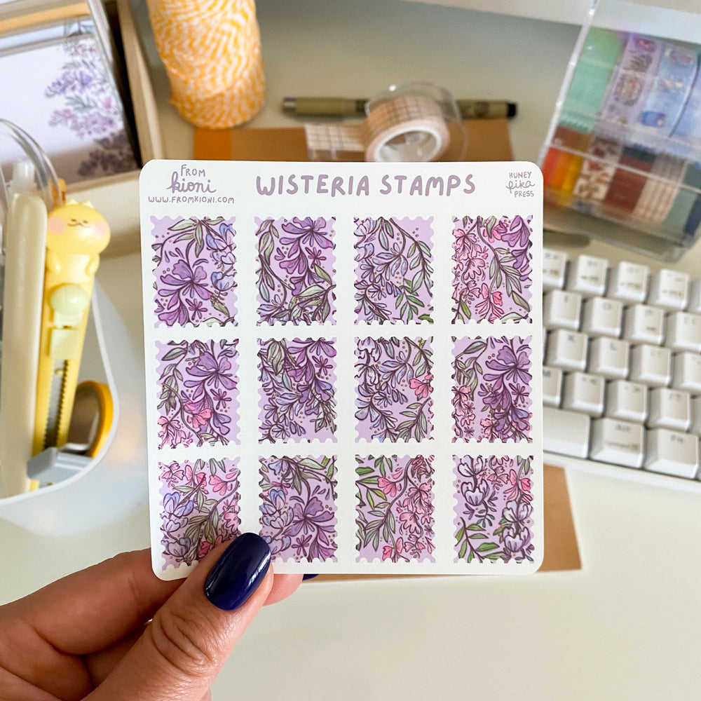 
            
                Load image into Gallery viewer, From Kioni Huney Pika Press Spring Collection Wisteria Stamps Sticker Sheet
            
        