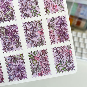 
            
                Load image into Gallery viewer, From Kioni Huney Pika Press Spring Collection Wisteria Stamps Sticker Sheet
            
        