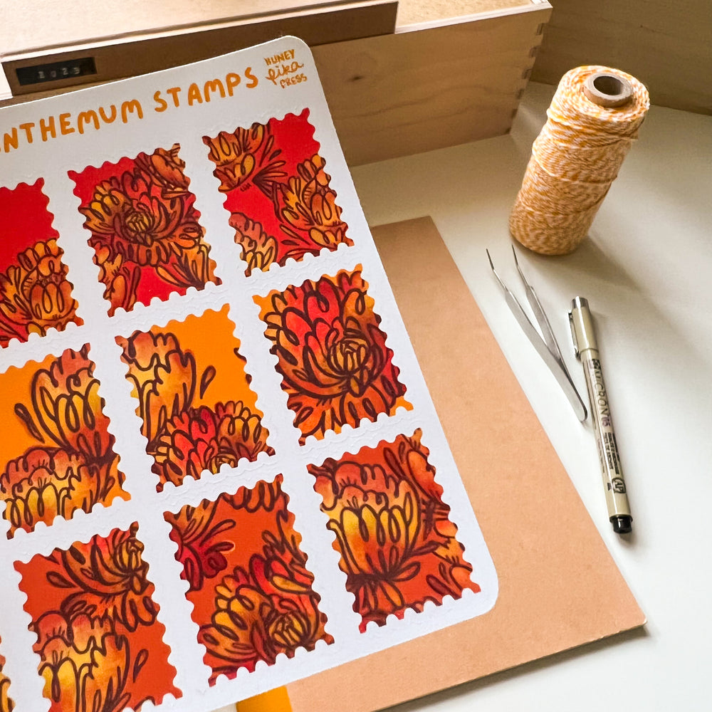 
            
                Load image into Gallery viewer, From Kioni Lunar New Year 2023 Huney Pika Press Chrysanthemum Stamps Sticker Sheet-3
            
        