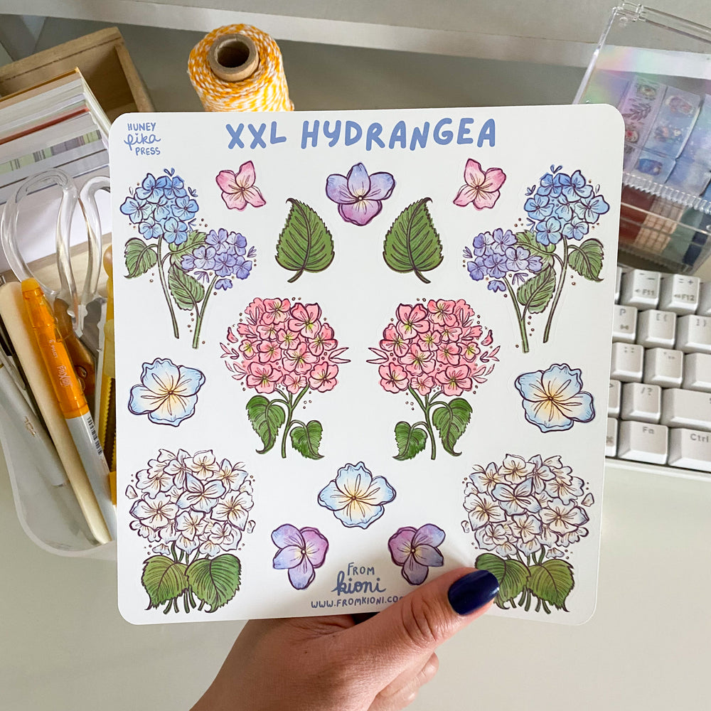 
            
                Load image into Gallery viewer, From Kioni Spring Collection Huney Pike Press XXL Hydrangea Sticker Sheet
            
        